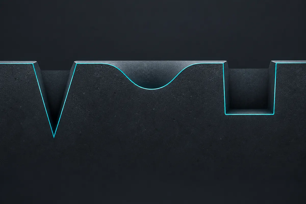 Three surface profiles side by side in graphite and teal: a narrow deep pit, a broad shallow wave and a flat-bottomed depression with steep sides