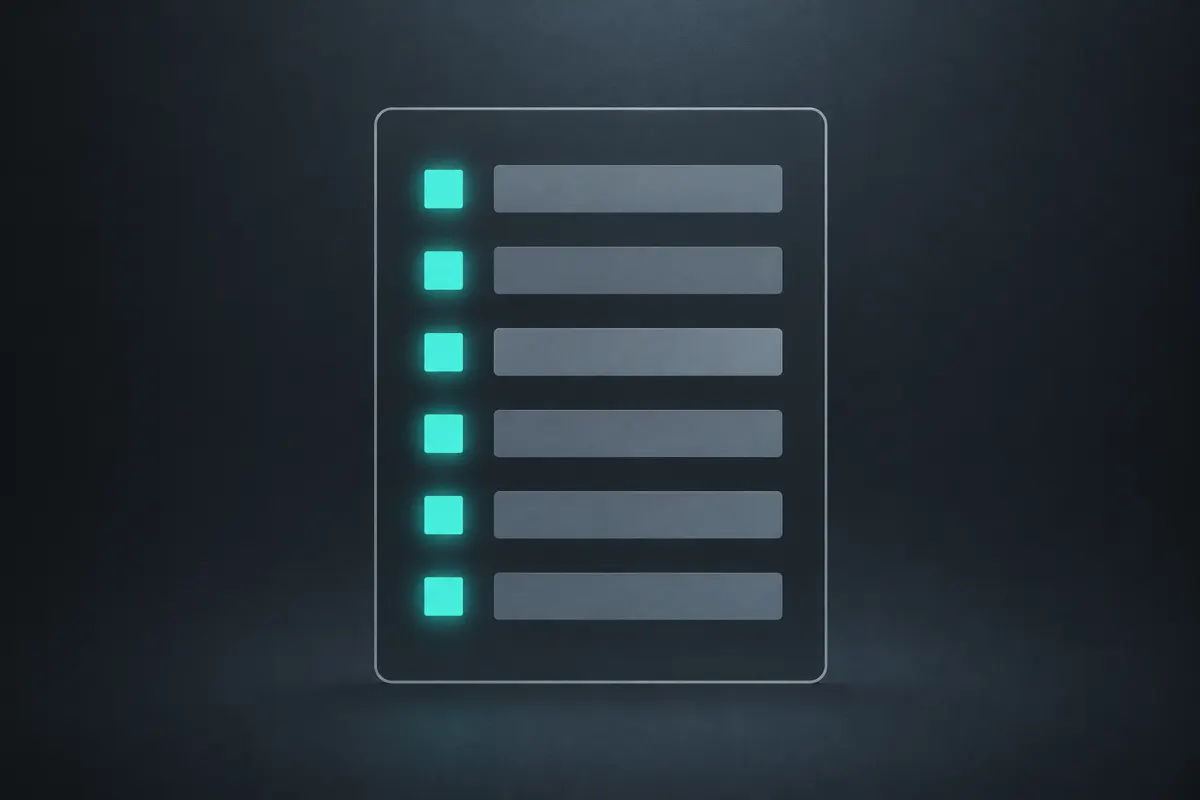An outlined sheet with six rows, each a small teal square followed by a blank grey bar