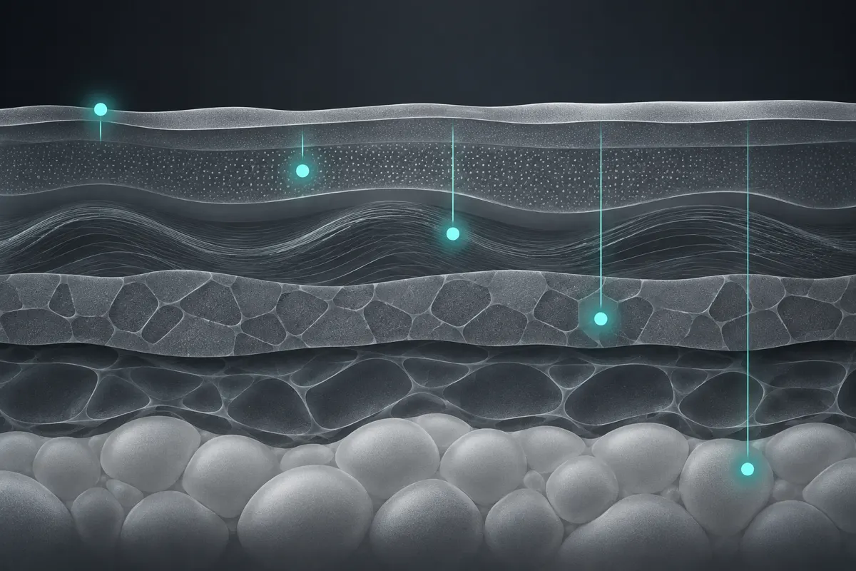 Cross-section of layered tissue in graphite tones, with small teal markers placed at several depths from the surface to the fat layer