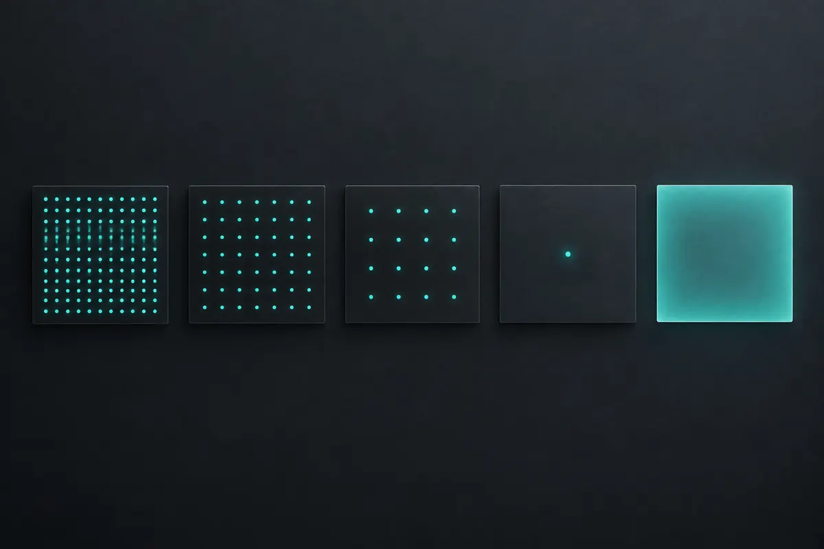 Five square footprints in a row seen from above: dense, medium and sparse grids of teal dots, a single dot, and a smooth glowing plate