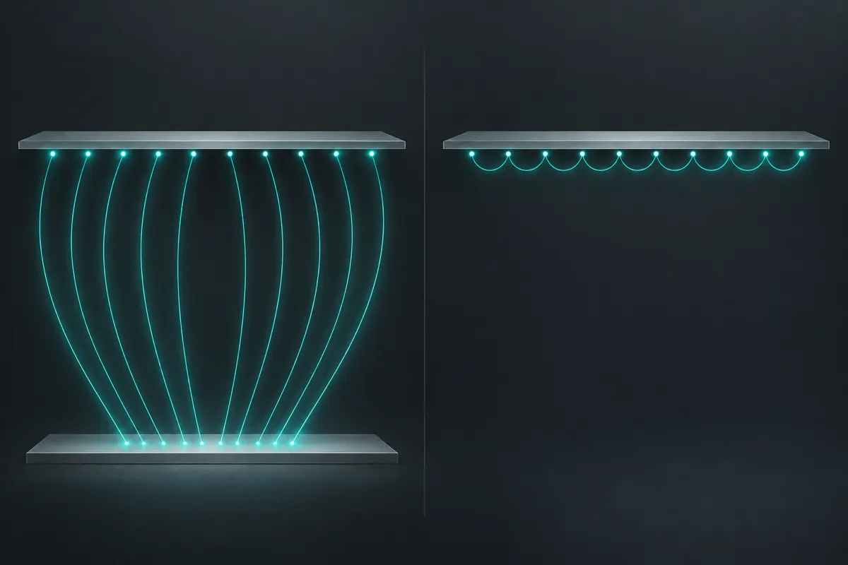 Two panels side by side: on the left, glowing points linked by long arcs to a flat plate; on the right, short arcs between neighbouring points