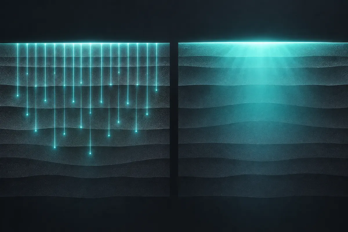 Two panels of layered bands: on the left, thin columns of teal light entering from above; on the right, a broad teal glow spreading down from the surface