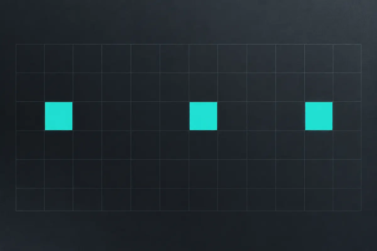 A faint grid of squares with three solid teal blocks spread across it and wide empty gaps between them