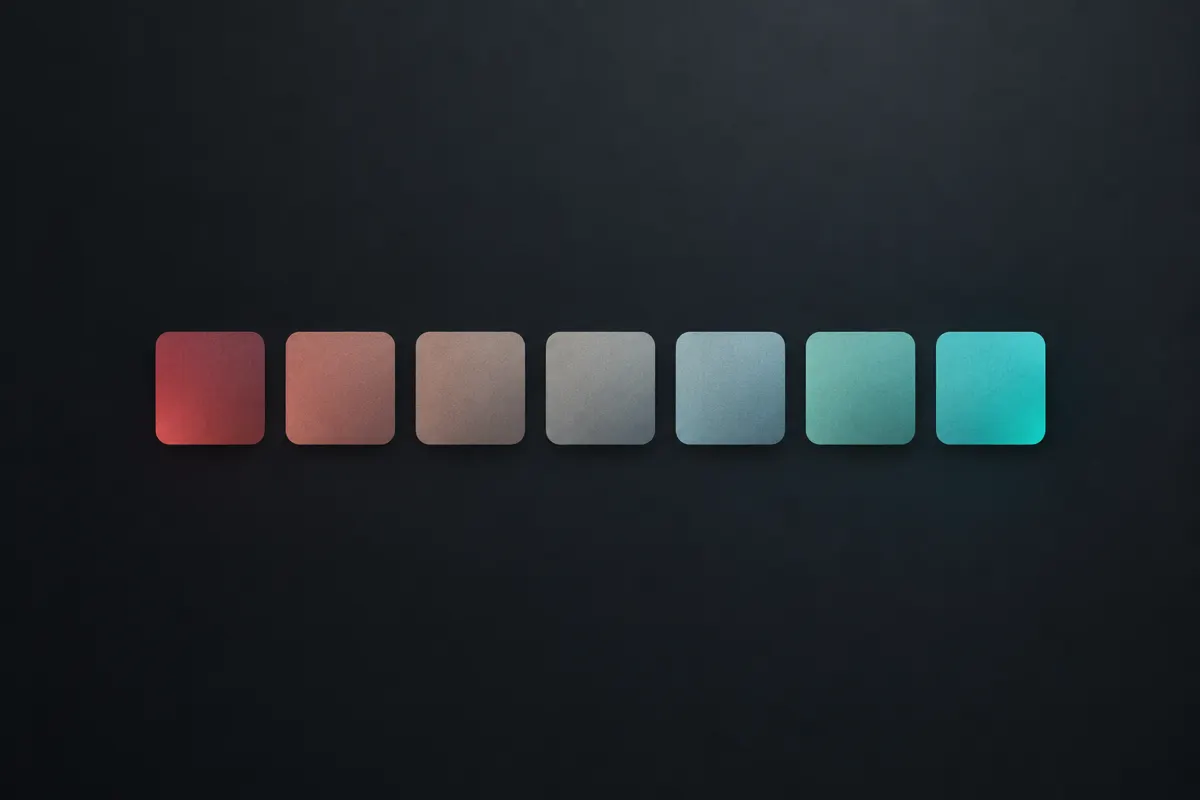 Seven small rounded squares in a row, shading from warm muted red on the left to calm teal on the right