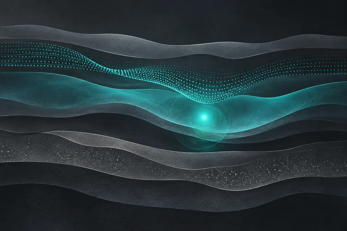 Stacked horizontal tissue bands in graphite tones, with three teal glows of different shapes that partly overlap in the middle layers