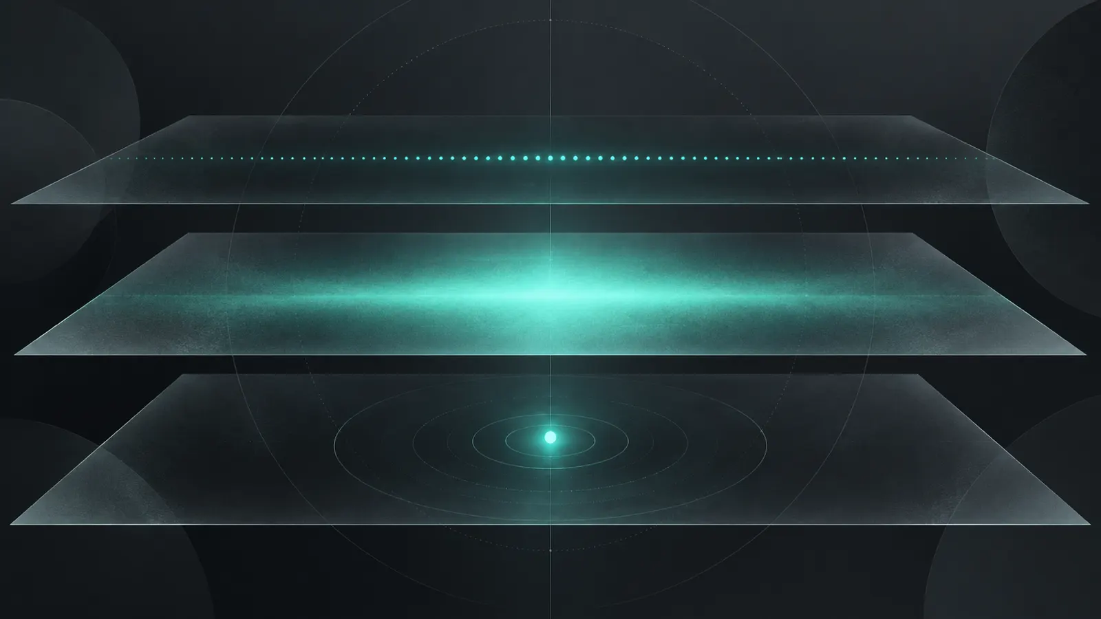 Three stacked graphite bands, each lit by a different teal light form at its own depth