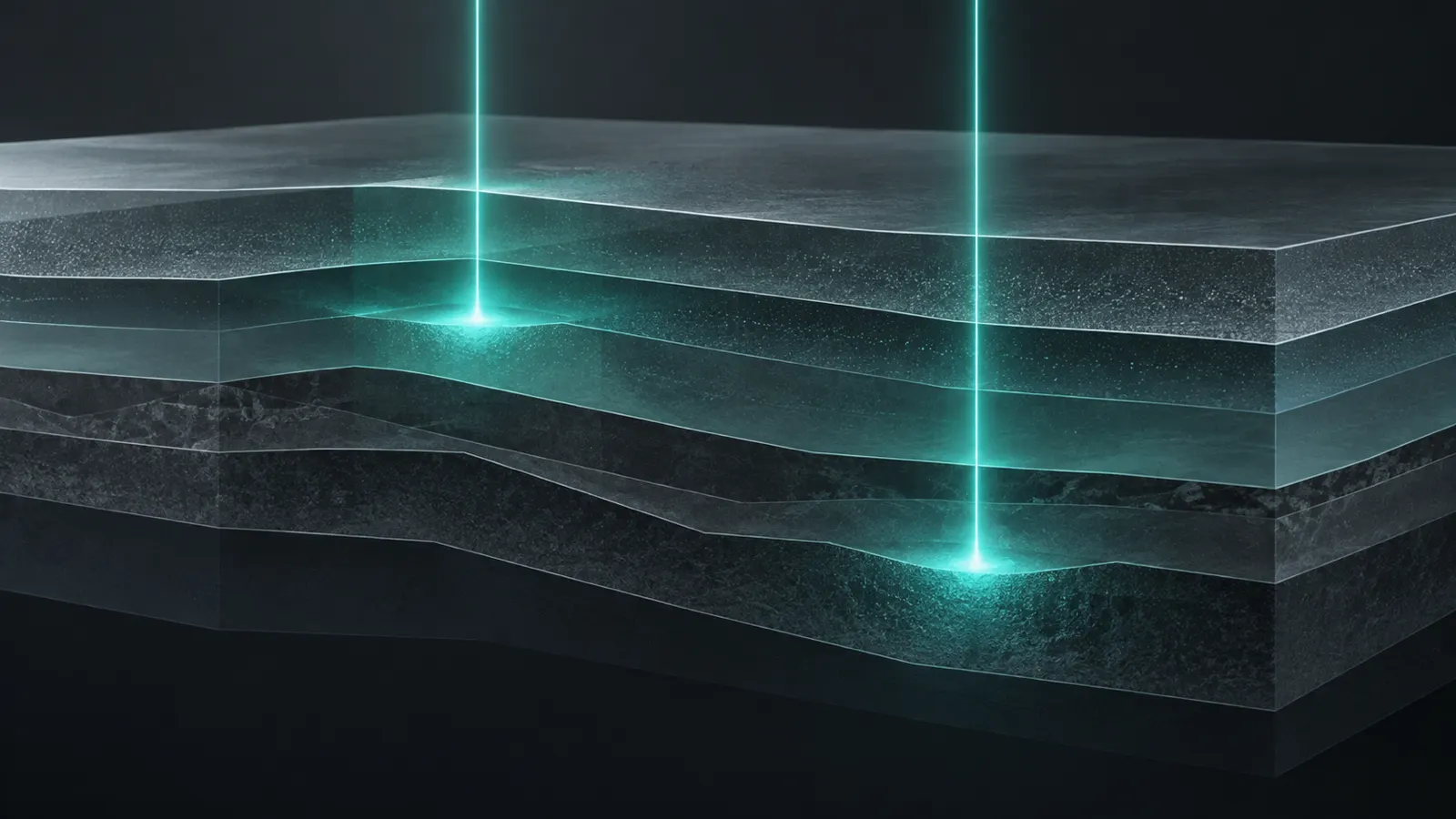 Stacked graphite layers with slender teal light columns ending in bright zones at two depths