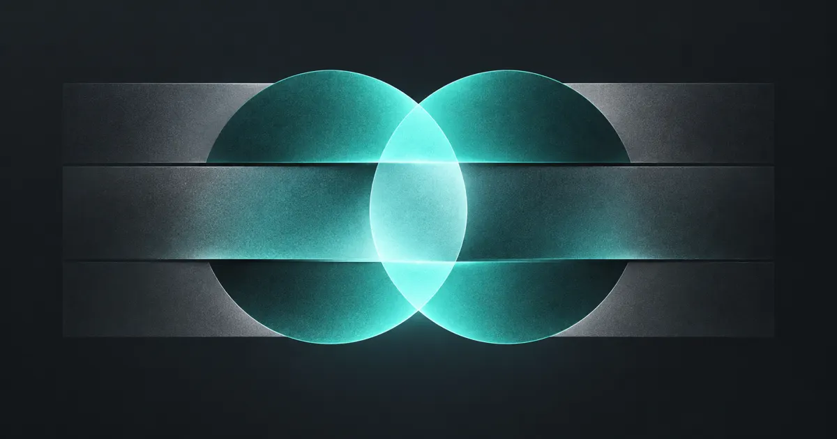 Two teal light forms meeting inside stacked graphite bands