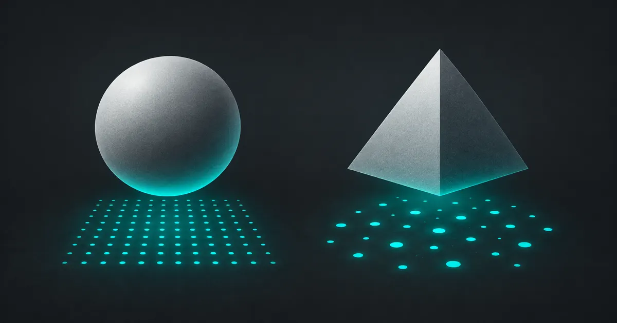 Two geometric shapes casting contrasting teal dot patterns